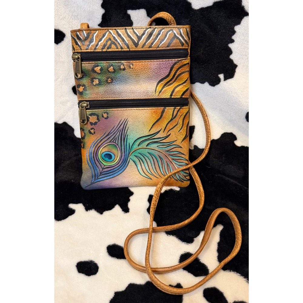 Anuschka Hand Painted Leather Crossbody Bag Peacock 9X6" Animal Art Purse Small